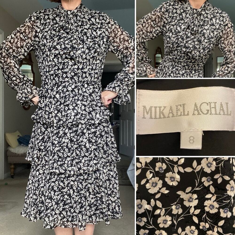 Mikael Aghal $968 Black Floral Tiered Midi Dress Long Sleeve sz 8 EUC